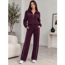Meride Fashion Uzun Kollu Önden Fermuarlı Bluz ve Pantolon Modal Ikili Takım- 61941 S/m - Bordo