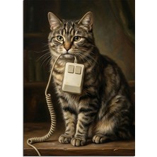 Artmeg Telefon Ahizesi Ağzında Kedi Gri Dekoratif Kanvas - Mdf Ahşap Tablo