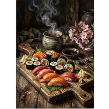 Artmeg Sushi Tabağı ve Buharlı Çay ve Kiraz Çiçekli Masa Dekoratif Kanvas - Mdf Ahşap Tablo