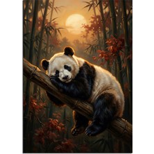 Artmeg Bambu Dalında Uyuyan Panda Ay Işıklı Dekoratif Kanvas - Mdf Ahşap Tablo