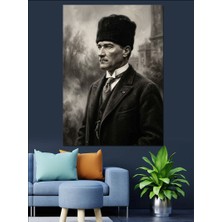 Artmeg Kalpaklı Atatürk Siyah Beyaz Portre Dekoratif Kanvas - Mdf Ahşap Tablo
