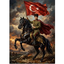 Artmeg Türk Bayraklı At Üzerinde Asker Atatürk Dekoratif Kanvas - Mdf Ahşap Tablo