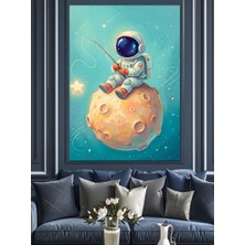 Artmeg Ay Üzerinde Olta Ile Balık Tutan Astronot Dekoratif Kanvas - Mdf Ahşap Tablo