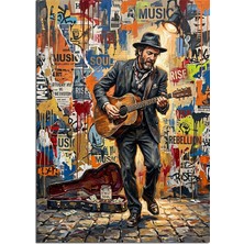 Artmeg Grafiti Duvar Önünde Gitar Çalan Müzisyen Dekoratif Kanvas - Mdf Ahşap Tablo