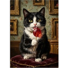Artmeg Lolipop Yalayan Şaşkın Kedi Portresi Dekoratif Kanvas - Mdf Ahşap Tablo