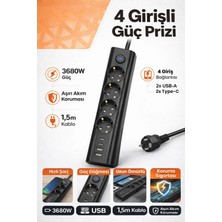 Yussraw 4lü Priz + 2 USB (2 Type-C) Akım Korumalı Anahtarlı Uzatma Kablosu – 2 Metre