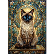 Artmeg Kutsal Kedi Vitray Çerçevede Siam Dekoratif Kanvas - Mdf Ahşap Tablo