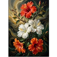 Artmeg Kırmızı Beyaz Hibiskus Çiçek Buketi Dekoratif Kanvas - Mdf Ahşap Tablo