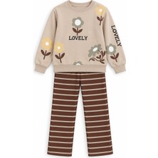 Yiğit Butik Kız Çocuk Lovely Yazılı Çiçek Baskılı Sweatshirt Çizgili Pantolon Alt Üst Takım