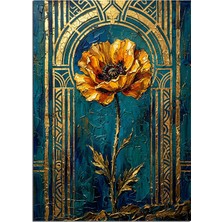 Artmeg Sarı Gelincik ve Mavi Art Deco Kapı ve Altın Dekoratif Kanvas - Mdf Ahşap Tablo