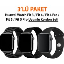 Dexmon Huawei Watch Fit 3 / Fit 4 / Fit 4 Pro / Fit 5 / Fit 5 Pro Uyumlu 3' Lü Silikon + Metal Kordon Set