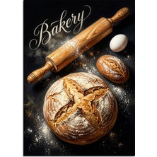 Artmeg Bakery Yazılı ve Ekmekli ve Oklavalı Mutfak Posteri Dekoratif Kanvas - Mdf Ahşap Tablo