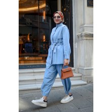 Esra Butik 🌸 Ince Tensel Kot Kumaş Balon Pantolonlu Tunik Takım – Açık Mavi