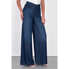 Hlt Jeans Koyu Mavi Kadın Extra Wide Leg Jean %100 Tencel Dökümlü Yüksek Bel Palazzo Kot Pantolon ANGEL-2054