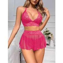 Kadın Pembe Dantel ve Tül Detaylı Bralet Takımı - VANELO2248-8305