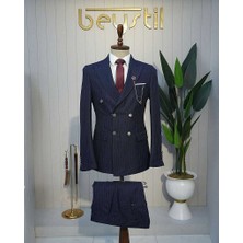 Beystil Sivri Yaka Lacivert Çizgili Kruvaze Takım Elbise Togo - Slim Fit