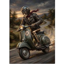 Artmeg Vespa Üzerinde Iskelet Sürücü Retro Dekoratif Kanvas - Mdf Ahşap Tablo