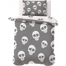 Maki Home Makiteks %100 Pamuklu Kuru Kafa Baskılı Gri Beyaz Çift Taraflı Nevresim Seti- Kalp Göz Figürlü Gotik / Rock Temalı