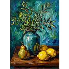 Artmeg Mavi Vazoda Zeytin Dalı ve Limonlu Dekoratif Kanvas - Mdf Ahşap Tablo