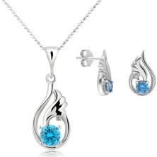 Chavin Topaz Melek Kanadı 0.04 Carat Pırlanta Gümüş Kolye ve Küpe Seti Mavi Topaz Taşlı EI09