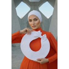 Aisha's Design Çıkarılabilir Arkası Fiyonklu Şapkalı Penye Bone Türban,S-4,Beyaz