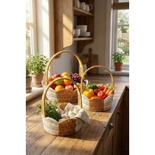 Renas Store Buffer Iç Içe Geçebilen 3'lü Çift Renkli Yuvarlak Dalgalı Formlu Saplı Plastik Rattan Sepet Seti, Hasır Görünümlü Çok Amaçlı Organizerler, 18X7CM, 21X8CM, 24X9CM