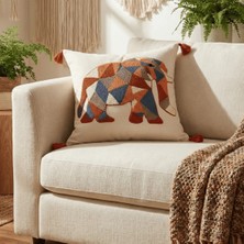 Destiva Home Renkli Etnik Fil Punch Nakışlı Dekoratif Püsküllü Gizli Fermuarlı Pamuk Kırlent Kılıfı 42X42 cm