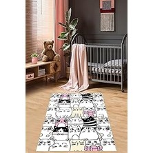 Renas Store Pelangi Kedi Desenli Halı Kedili Halı Dijital Baskı Yıkanabilir Kaymaz Taban Çocuk Odası Halısı, Beyaz 80 x 400