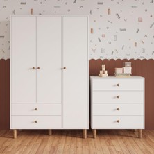 Bimossa TK3040 Bunny Beyaz 3 Kapaklı Gardırop ve 4 Çekmeceli Şifonyer,yüksek Ayaklı Bebek,çocuk Odası Takımı