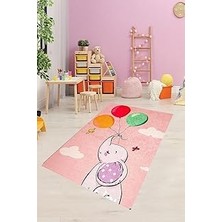 Renas Store Pelangi Fil Desenli Dijital Baskılı Kaymaz Taban Çocuk Odası Halısı, Pudra-Lacivert 100 x 100