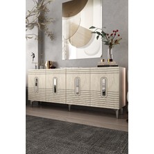 Dekortis Home Dekor 180DHDK8BTG Luna Lazer Pleksi Desen Konsol ve Tv Sehpası, Ünitesi Beyaz-Traverten-Gümüş