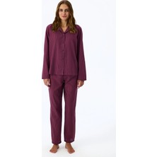 Penti Bordo Lea Çizgili Uzun Kollu Gömlek Pantolon Pijama Takımı