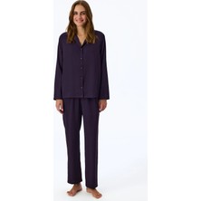 Penti Mor Midnight Saten Çizgili Uzun Kollu Gömlek Pantolon Pijama Takımı