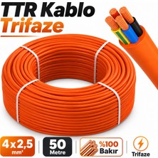 Badem10 Ttr Trifaze Elektrik Kablosu 4x2,5 Mm² 50 Metre %100 Bakır Turuncu Çok Telli Esnek Kablo
