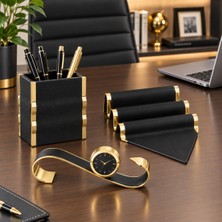 Goldem Lüks Deri ve Gold Detaylı Ofis Masaüstü Seti - Yatay Stand - Kalemlik ve Saat