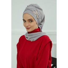 Aisha's Design Metal Aksesuarlı Şık Hazır Türban,Gri,HT-94