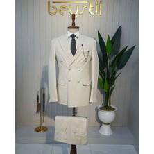 Beystil Sivri Yaka Krem Çizgili Kruvaze Takım Elbise Togo - Slim Fit