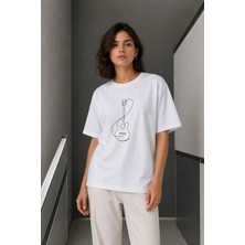Trend Cojans Minimal Gitar Baskılı Tişört T-Shirt Yazlık Kısa Kol Bisiklet Yaka T-Shirt  - Beyaz