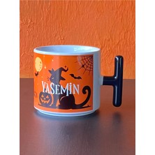 Hepsi Enteresan İsme Özel Halloween Kedili T Kupa, Cadılar Bayramı Kupası, Kedili Kupa