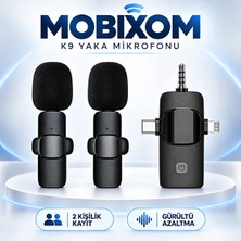 Mobixom K9 3 Girişli Kablosuz Yaka Mikrofonu – 2 Kişilik, Gürültü Azaltma, Type-C Lightning ve 3.5 mm Jack