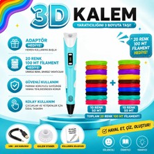 Evo Trend Turkuaz Renkli 3D Kalem 3D Pen Yazıcı Kalem 100+9 Metre Filament ile Eğlenceli Tasarım Seti , Powerbank Uyumlu