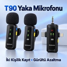 Mobixom T90 Dijital Göstergeli 3'ü 1 Arada Kablosuz Yaka Mikrofonu Çift Kişilik Type-C Lightning 3.5 mm Gürültü Azaltma Özellikli