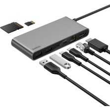 Odea Belkin Connect 8 Portlu Usb-C Hub, 4K@60Hz’e Kadar Çözünürlükleri Destekleyen Ekran Uyumu, Mac, Windows ve Chromebook ile Çalışır, 100 W Pd, 10 Gbps Veri Aktarım Hızı ve 2,5 Gbps Ethernet - Gri