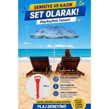 ☀️🏖️ Exent 160 cm Eğilebilir Plaj Şemsiyesi + Ayarlanabilir Şemsiye Kazığı Seti-Mavi-Desenli