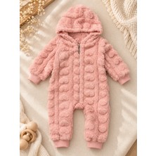 Lilliy Bebek Welsoft Tulum Kapüşonlu Fermuarlı Peluş Tulum Pembe 3-18 Ay
