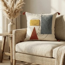 Destiva Home Renkli Soyut Yüz Punch Nakışlı Dekoratif Püsküllü Gizli Fermuarlı Pamuk Kırlent Kılıfı 42X42 cm