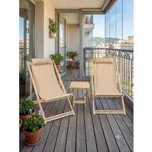 Legno Nest Ahşap Bahçe Balkon Teras Katlanır Şezlong Seti - Krem Kumaş