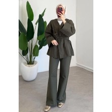 Miraydin Butik Kadın V Yaka Bel Bağlamalı Pantolon Takım M61814 - Haki