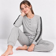 Bonbon Genç Kız Pamuklu Yakası Düğmeli Cepli Hediyelik Gri Renk Alt Üst Pijama Takımı AL507 V2 BB2447