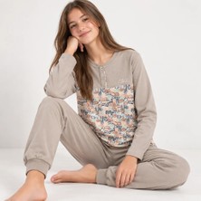 Bonbon Genç Kız Pamuklu Yakası Düğmeli Cepli Hediyelik  Açık Kahve Renk Alt Üst Pijama Takımı AL501 V1 BB2442